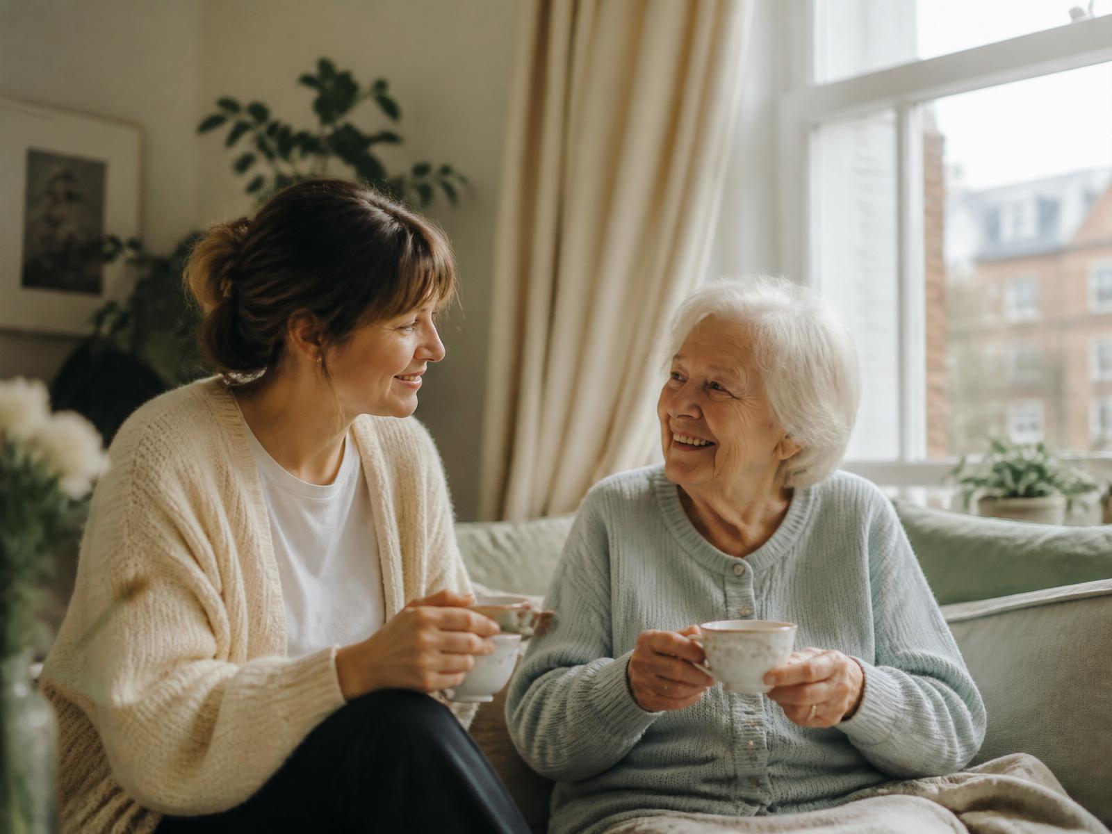 A GetCarer carer sharing tea with an elderly woman in a bright London home