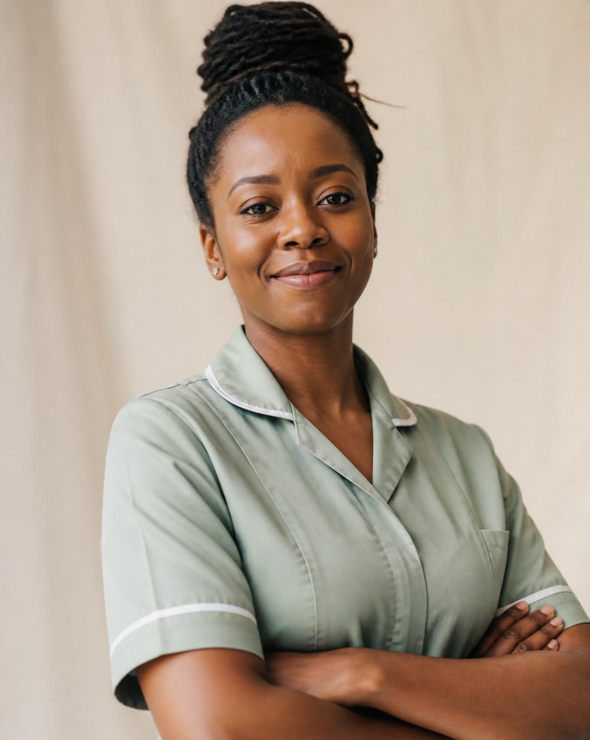 A confident, smiling British caregiver in a soft sage uniform