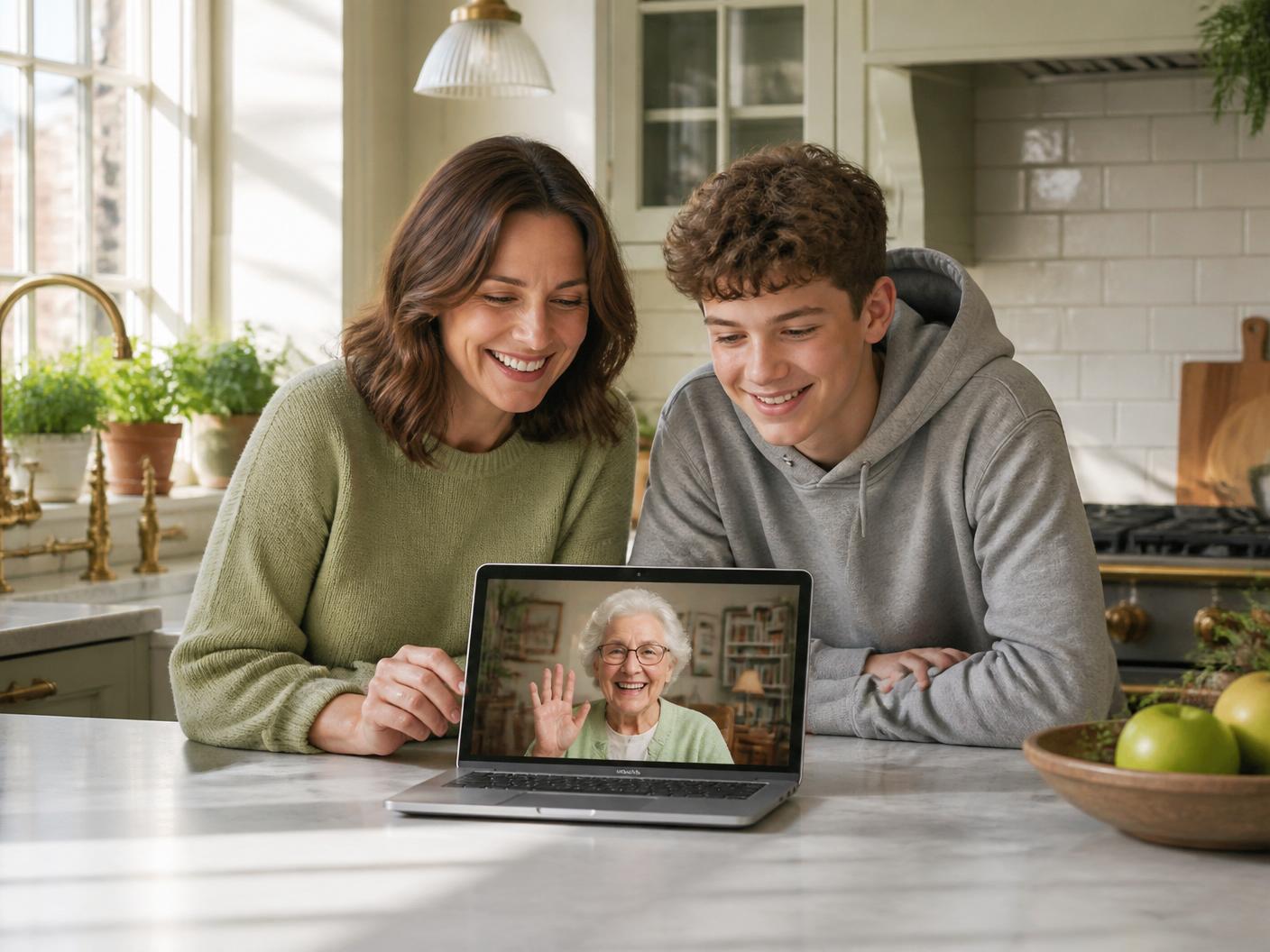 A British family on a video call with their grandmother from a bright kitchen