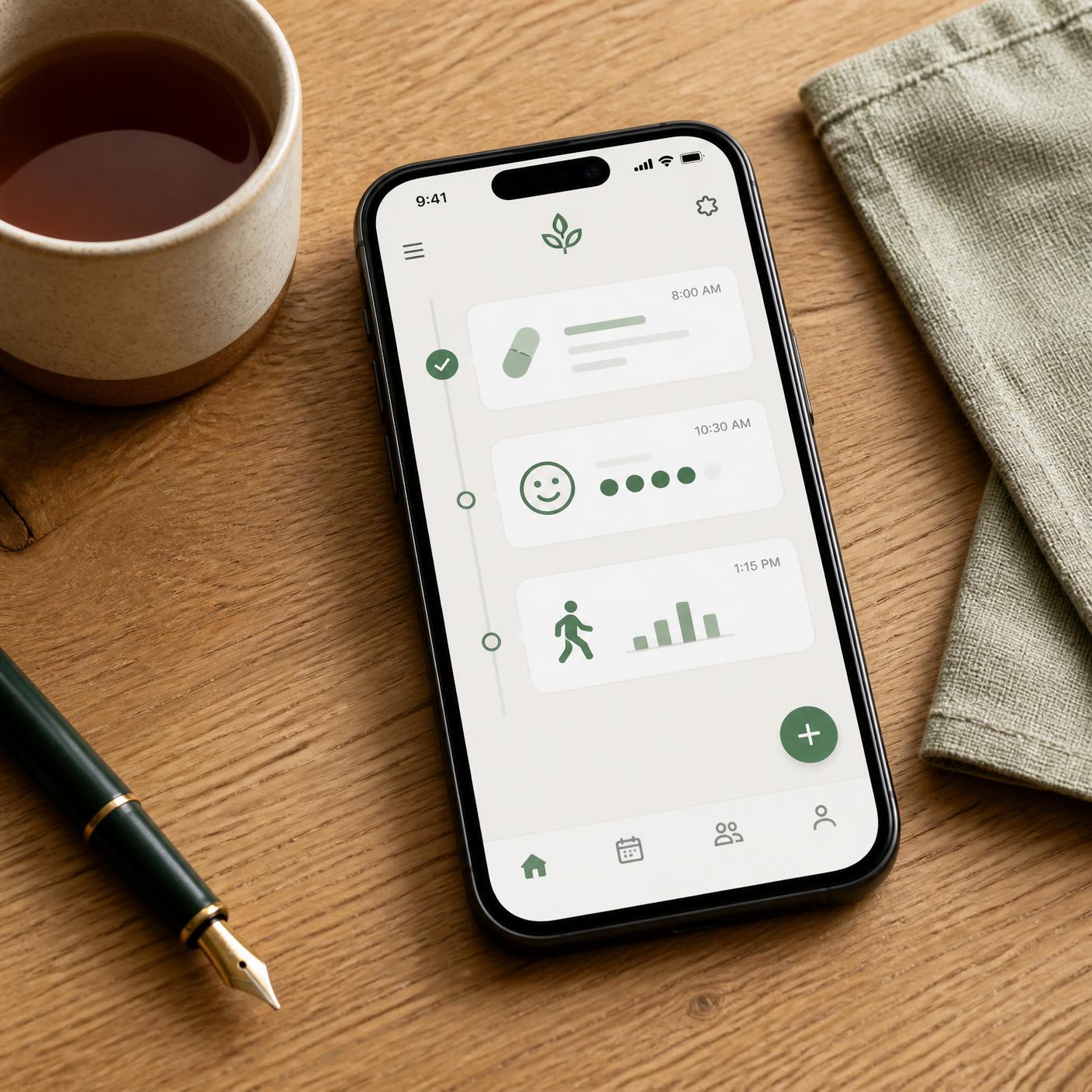 A phone on a wooden table showing the GetCarer app care log feed