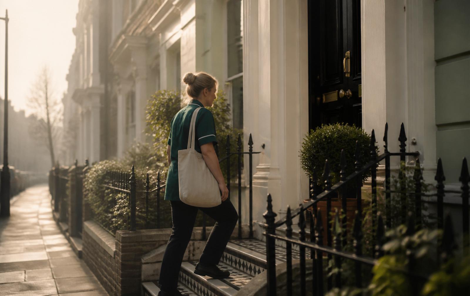 A GetCarer carer walking up the steps of a London townhouse in early morning light